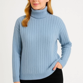 Balıkcı Yaka Bağazlı Triko Kazak Pamuklu Kalın Fitilli Dokuma - Bebek Mavisi