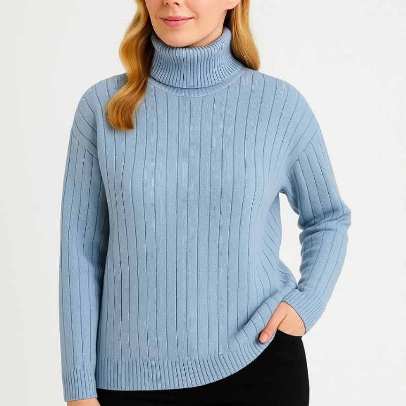 Balıkcı Yaka Bağazlı Triko Kazak Pamuklu Kalın Fitilli Dokuma - Bebek Mavisi