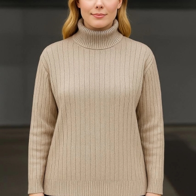 Balıkcı Yaka Bağazlı Triko Kazak Pamuklu Kalın Fitilli Dokuma - Bej