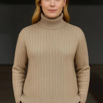 Balıkcı Yaka Bağazlı Triko Kazak Pamuklu Kalın Fitilli Dokuma - Bej