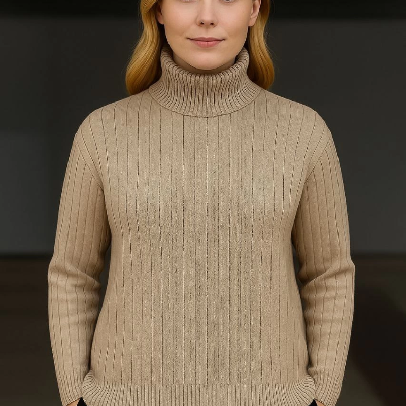 Balıkcı Yaka Bağazlı Triko Kazak Pamuklu Kalın Fitilli Dokuma - Bej