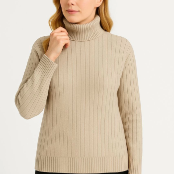 Balıkcı Yaka Bağazlı Triko Kazak Pamuklu Kalın Fitilli Dokuma - Bej