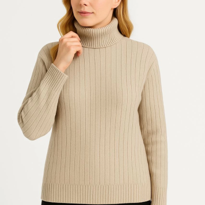 Balıkcı Yaka Bağazlı Triko Kazak Pamuklu Kalın Fitilli Dokuma - Bej