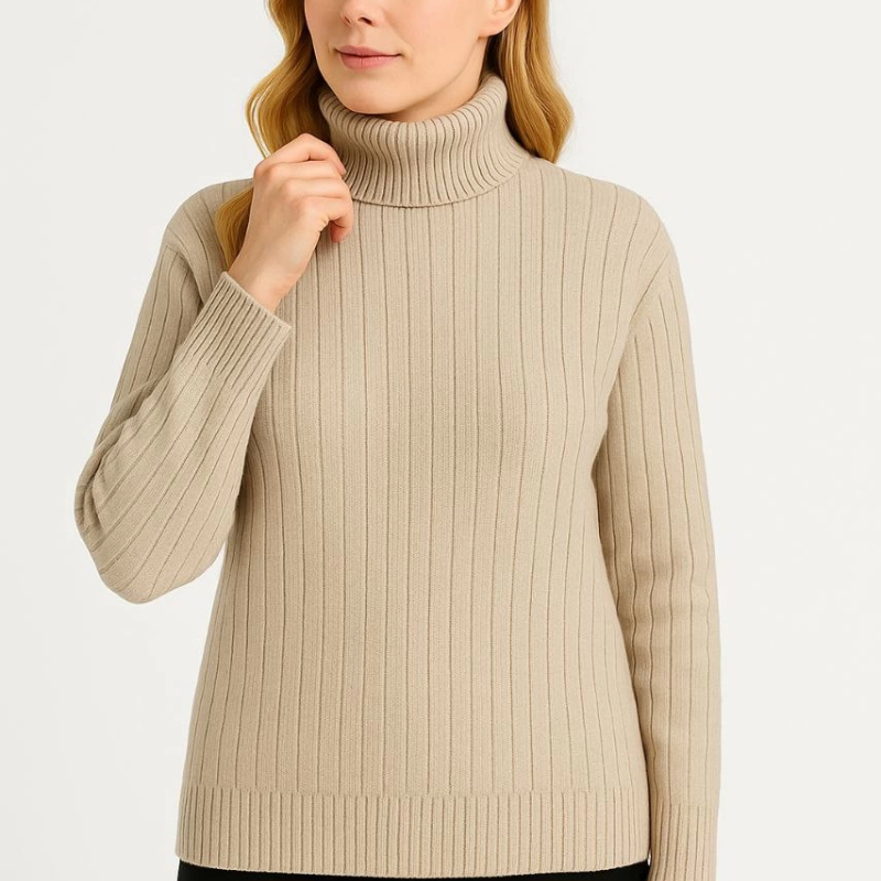 Balıkcı Yaka Bağazlı Triko Kazak Pamuklu Kalın Fitilli Dokuma - Bej