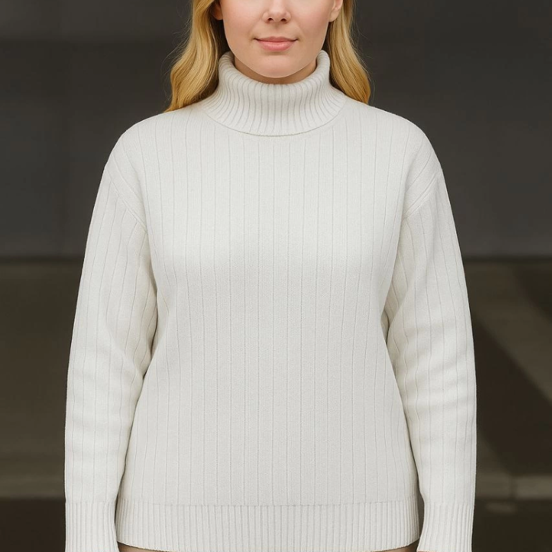 Balıkcı Yaka Bağazlı Triko Kazak Pamuklu Kalın Fitilli Dokuma - Beyaz