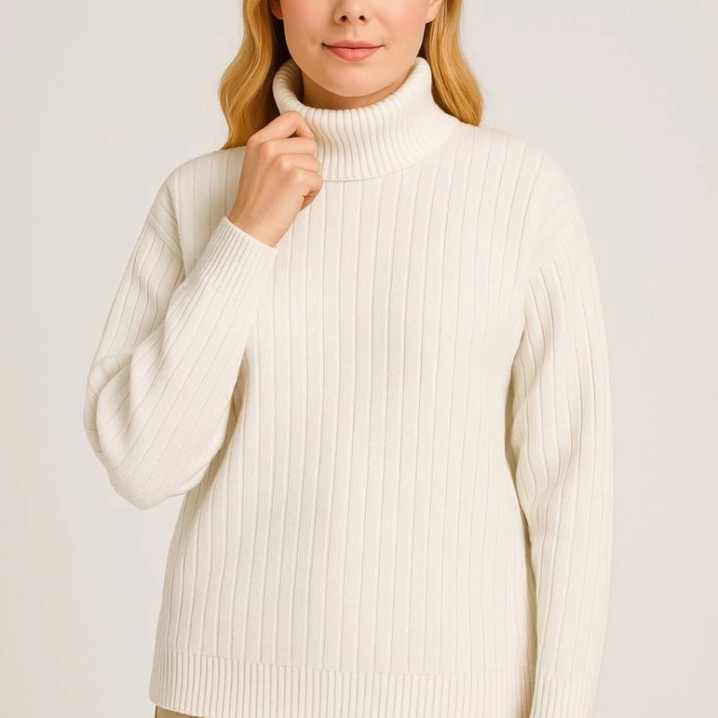 Balıkcı Yaka Bağazlı Triko Kazak Pamuklu Kalın Fitilli Dokuma - Beyaz