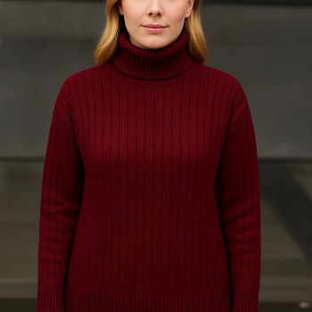 Balıkcı Yaka Bağazlı Triko Kazak Pamuklu Kalın Fitilli Dokuma - Bordo