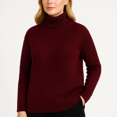 Balıkcı Yaka Bağazlı Triko Kazak Pamuklu Kalın Fitilli Dokuma - Bordo