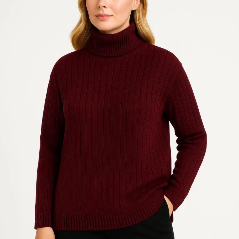 Balıkcı Yaka Bağazlı Triko Kazak Pamuklu Kalın Fitilli Dokuma - Bordo