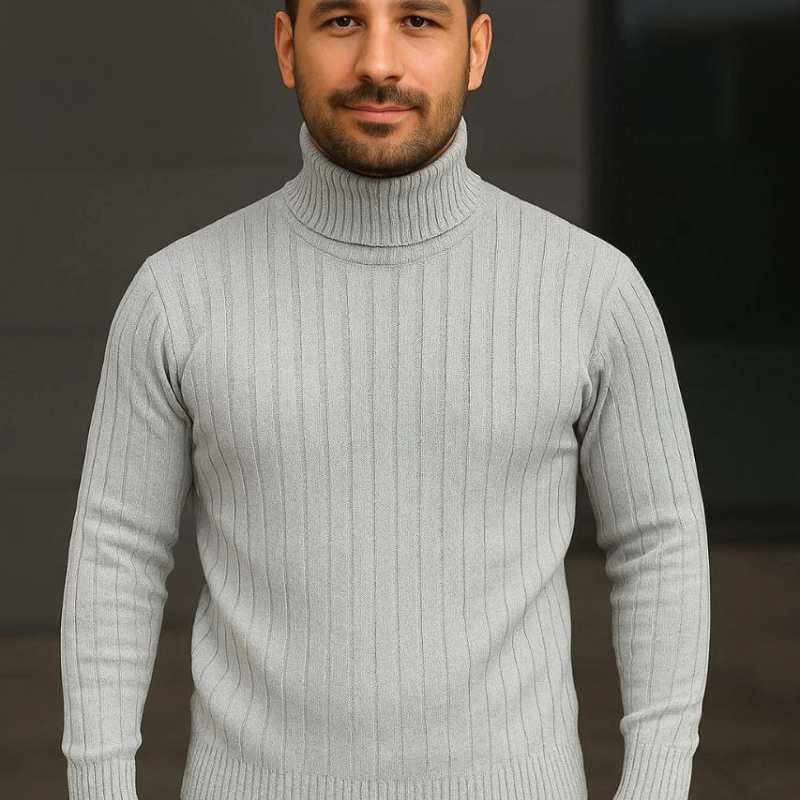 Balıkcı Yaka Bağazlı Triko Kazak Pamuklu Kalın Fitilli Dokuma, - Gri