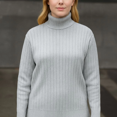 Balıkcı Yaka Bağazlı Triko Kazak Pamuklu Kalın Fitilli Dokuma - Gri