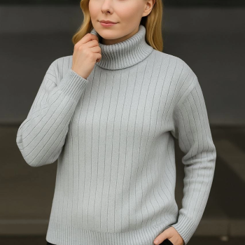 Balıkcı Yaka Bağazlı Triko Kazak Pamuklu Kalın Fitilli Dokuma - Gri