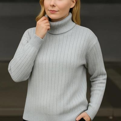 Balıkcı Yaka Bağazlı Triko Kazak Pamuklu Kalın Fitilli Dokuma - Gri