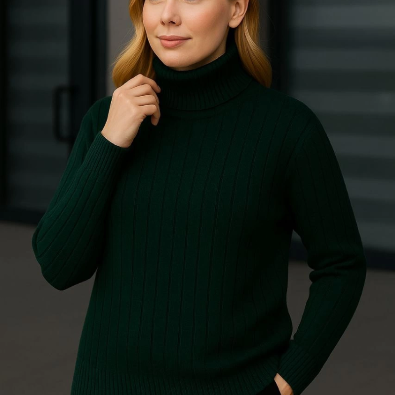 Balıkcı Yaka Bağazlı Triko Kazak Pamuklu Kalın Fitilli Dokuma - Haki