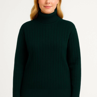 Balıkcı Yaka Bağazlı Triko Kazak Pamuklu Kalın Fitilli Dokuma - Haki