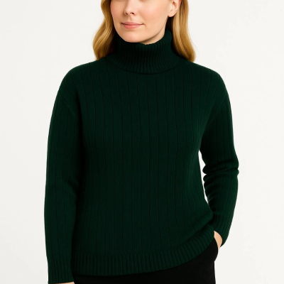 Balıkcı Yaka Bağazlı Triko Kazak Pamuklu Kalın Fitilli Dokuma - Haki