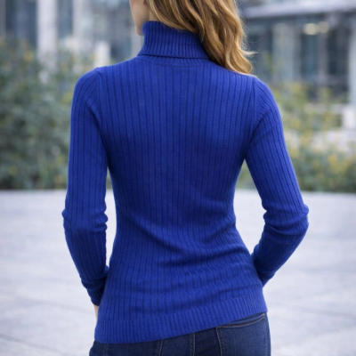 Balıkcı Yaka Bağazlı Triko Kazak Pamuklu Kalın Fitilli Dokuma - İndigo