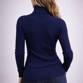 Balıkcı Yaka Bağazlı Triko Kazak Pamuklu Kalın Fitilli Dokuma - Lacivert