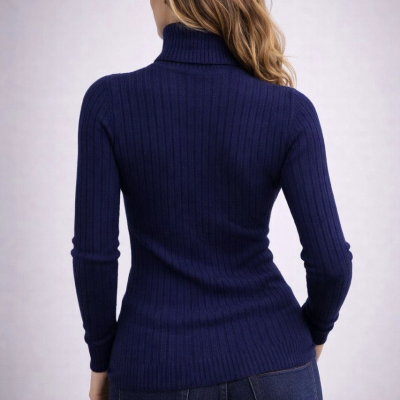 Balıkcı Yaka Bağazlı Triko Kazak Pamuklu Kalın Fitilli Dokuma - Lacivert