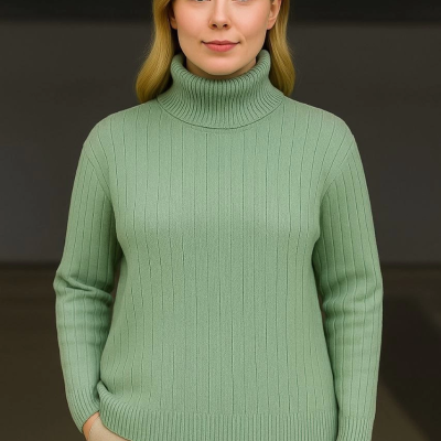 Balıkcı Yaka Bağazlı Triko Kazak Pamuklu Kalın Fitilli Dokuma - Mint Yeşili