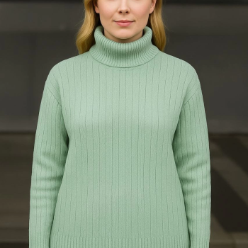 Balıkcı Yaka Bağazlı Triko Kazak Pamuklu Kalın Fitilli Dokuma - Mint Yeşili