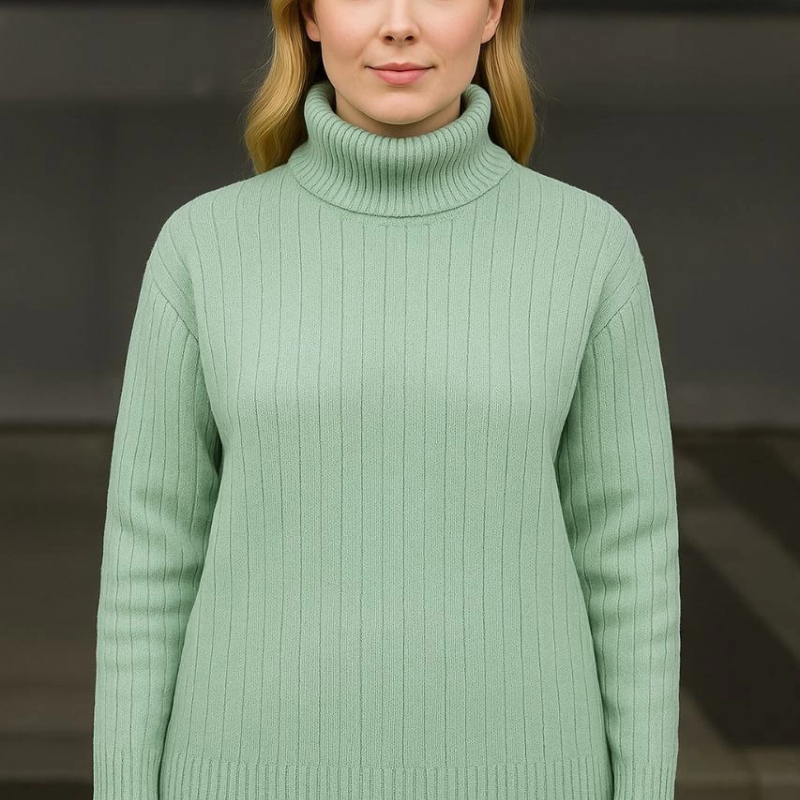 Balıkcı Yaka Bağazlı Triko Kazak Pamuklu Kalın Fitilli Dokuma - Mint Yeşili