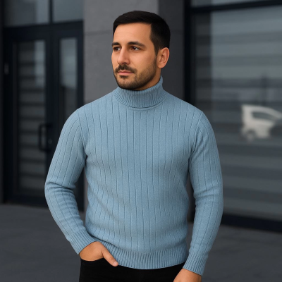 Balıkcı Yaka Bağazlı Triko Kazak Pamuklu Kalın Fitilli Dokuma, Regular - Bebe Mavisi