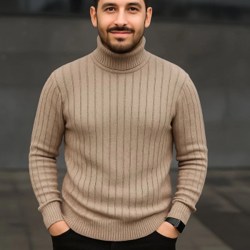 Balıkcı Yaka Bağazlı Triko Kazak Pamuklu Kalın Fitilli Dokuma, Regular - Bej