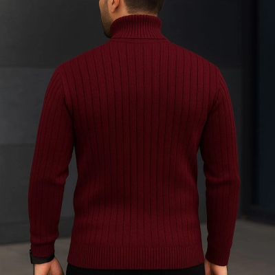 Balıkcı Yaka Bağazlı Triko Kazak Pamuklu Kalın Fitilli Dokuma, Regular - Bordo