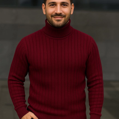 Balıkcı Yaka Bağazlı Triko Kazak Pamuklu Kalın Fitilli Dokuma, Regular - Bordo