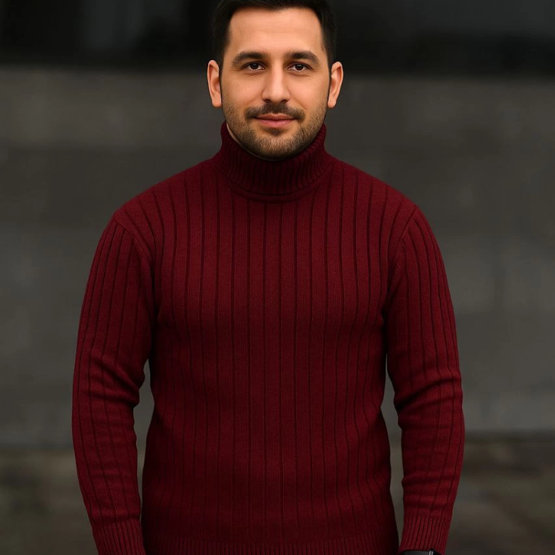 Balıkcı Yaka Bağazlı Triko Kazak Pamuklu Kalın Fitilli Dokuma, Regular - Bordo