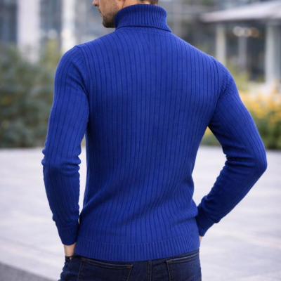 Balıkcı Yaka Bağazlı Triko Kazak Pamuklu Kalın Fitilli Dokuma, Regular Fit Uzun Kollu Kışlık Model - İndigo