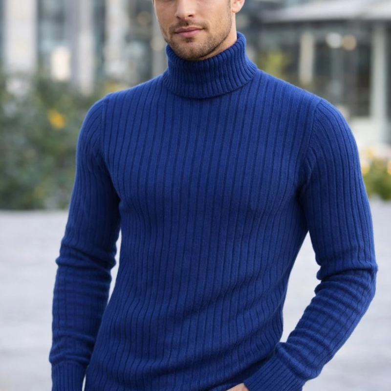 Balıkcı Yaka Bağazlı Triko Kazak Pamuklu Kalın Fitilli Dokuma, Regular Fit Uzun Kollu Kışlık Model - İndigo