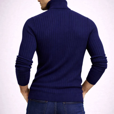 Balıkcı Yaka Bağazlı Triko Kazak Pamuklu Kalın Fitilli Dokuma, Regular Fit Uzun Kollu Kışlık Model - Lacivert