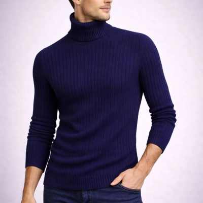 Balıkcı Yaka Bağazlı Triko Kazak Pamuklu Kalın Fitilli Dokuma, Regular Fit Uzun Kollu Kışlık Model - Lacivert