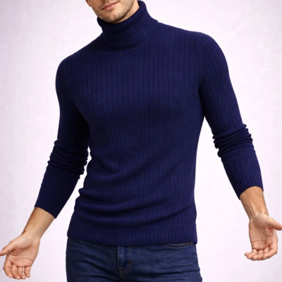 Balıkcı Yaka Bağazlı Triko Kazak Pamuklu Kalın Fitilli Dokuma, Regular Fit Uzun Kollu Kışlık Model - Lacivert