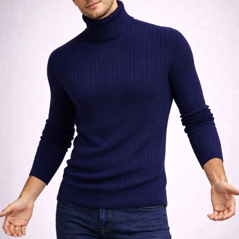 Balıkcı Yaka Bağazlı Triko Kazak Pamuklu Kalın Fitilli Dokuma, Regular Fit Uzun Kollu Kışlık Model - Lacivert