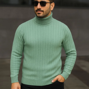 Balıkcı Yaka Bağazlı Triko Kazak Pamuklu Kalın Fitilli Dokuma, Regular Fit Uzun Kollu Kışlık Model - Mint Yeşili