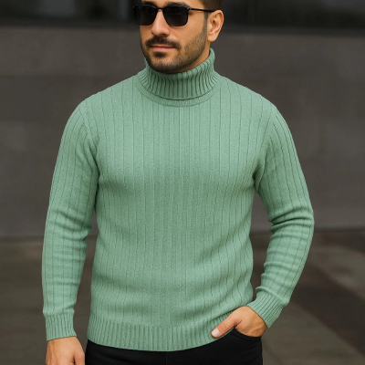 Balıkcı Yaka Bağazlı Triko Kazak Pamuklu Kalın Fitilli Dokuma, Regular Fit Uzun Kollu Kışlık Model - Mint Yeşili