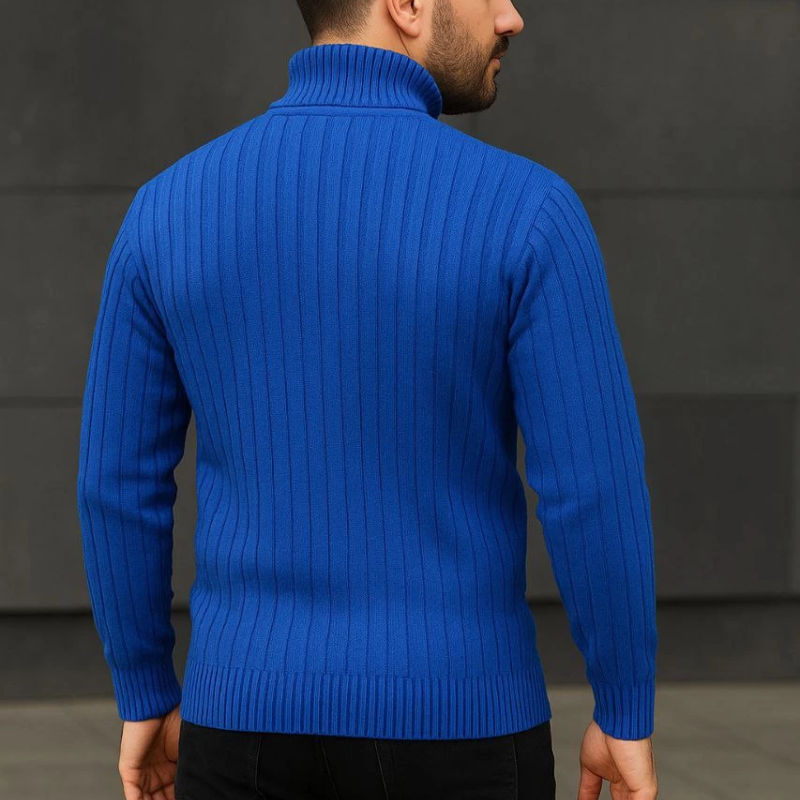 Balıkcı Yaka Bağazlı Triko Kazak Pamuklu Kalın Fitilli Dokuma, Regular Fit Uzun Kollu Kışlık Model - Saks Mavisi