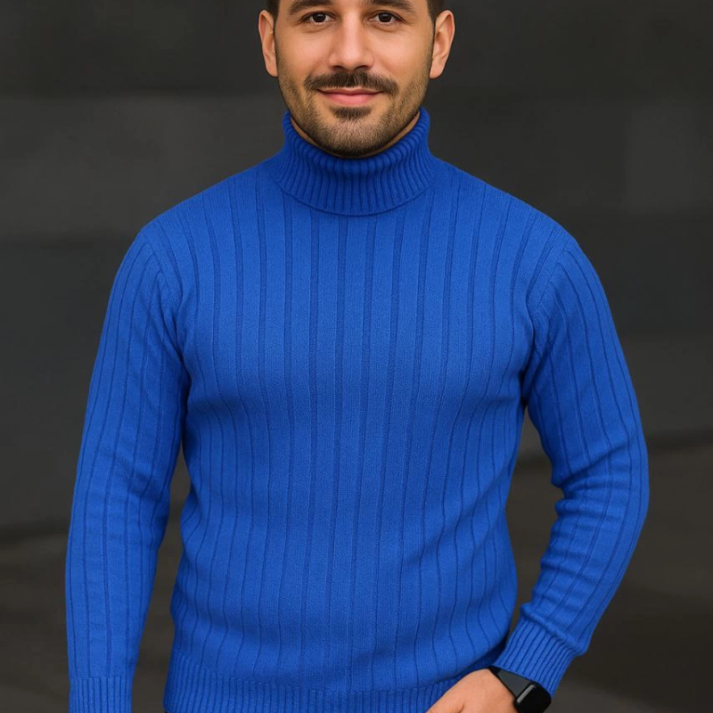 Balıkcı Yaka Bağazlı Triko Kazak Pamuklu Kalın Fitilli Dokuma, Regular Fit Uzun Kollu Kışlık Model - Saks Mavisi