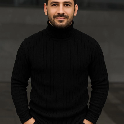 Balıkcı Yaka Bağazlı Triko Kazak Pamuklu Kalın Fitilli Dokuma, Regular- Siyah