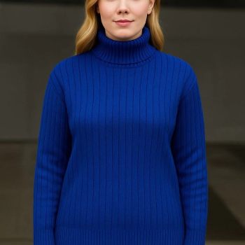 Balıkcı Yaka Bağazlı Triko Kazak Pamuklu Kalın Fitilli Dokuma - Saks Mavisi