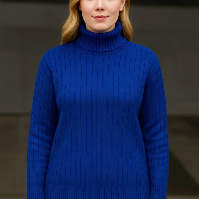 Balıkcı Yaka Bağazlı Triko Kazak Pamuklu Kalın Fitilli Dokuma - Saks Mavisi