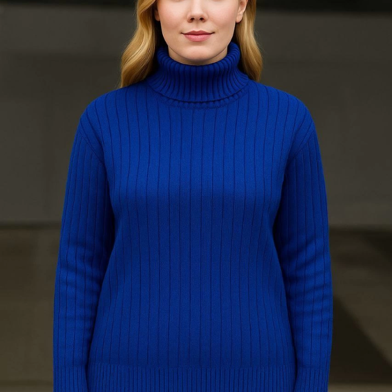 Balıkcı Yaka Bağazlı Triko Kazak Pamuklu Kalın Fitilli Dokuma - Saks Mavisi