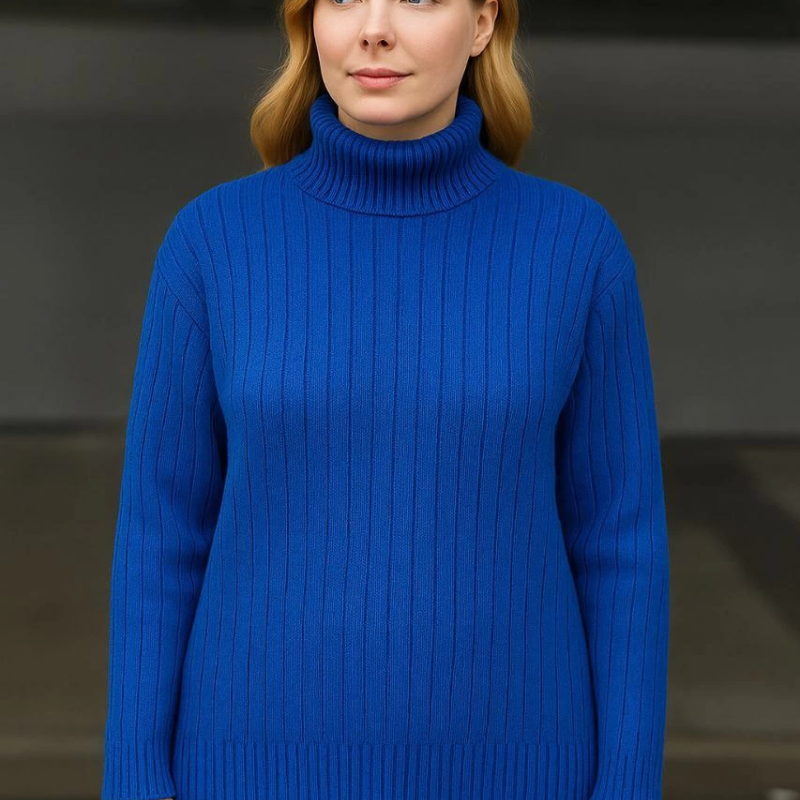 Balıkcı Yaka Bağazlı Triko Kazak Pamuklu Kalın Fitilli Dokuma - Saks Mavisi