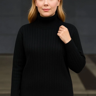 Balıkcı Yaka Bağazlı Triko Kazak Pamuklu Kalın Fitilli Dokuma - Siyah