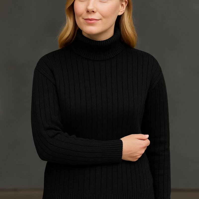 Balıkcı Yaka Bağazlı Triko Kazak Pamuklu Kalın Fitilli Dokuma - Siyah