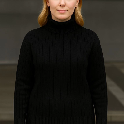 Balıkcı Yaka Bağazlı Triko Kazak Pamuklu Kalın Fitilli Dokuma - Siyah