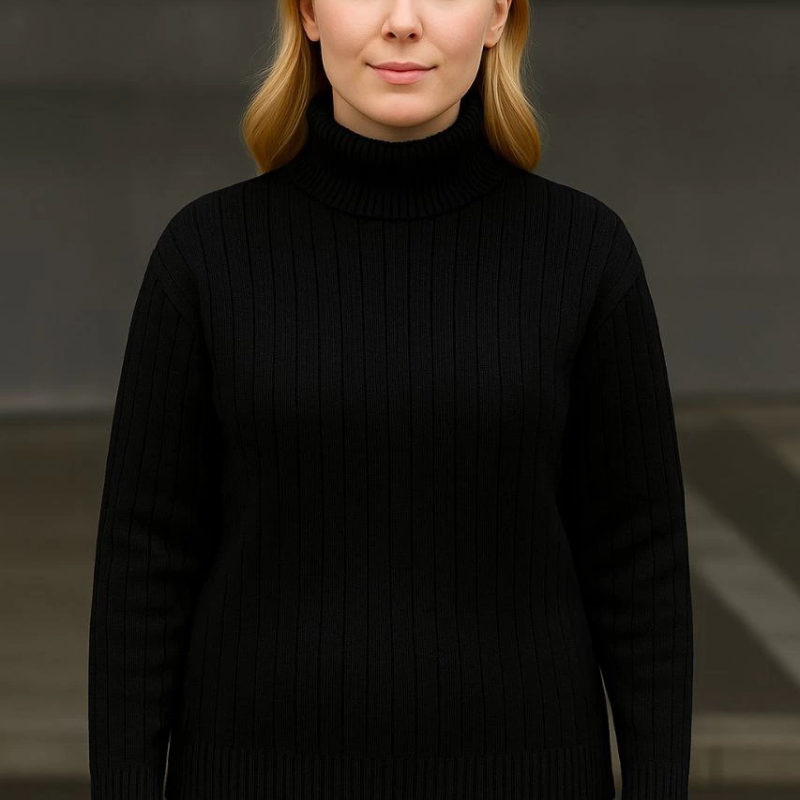 Balıkcı Yaka Bağazlı Triko Kazak Pamuklu Kalın Fitilli Dokuma - Siyah